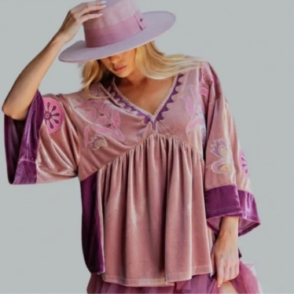 NEW EMBO DETAILING VELVET BABYDOLL BOHO RELAXED SILHOUETTE BLOUSE - Picture 6 of 7